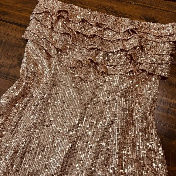 🥂Free People New Frida Ruffle Mini Dress Sequined Bronze 6 Cocktail Party - Picture 5 of 13